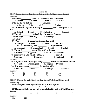 Đề thi tuyển sinh vào Lớp 10 THPT môn Tiếng Anh (Chuyên) - Test 21
