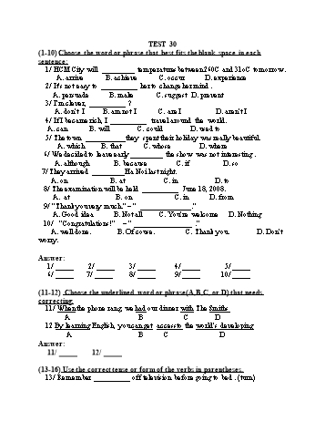 Đề thi tuyển sinh vào Lớp 10 THPT môn Tiếng Anh (Chuyên) - Test 30