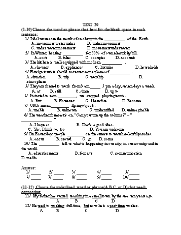 Đề thi tuyển sinh vào Lớp 10 THPT môn Tiếng Anh (Chuyên) - Test 20