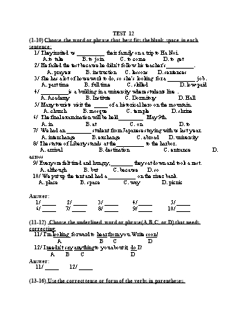 Đề thi tuyển sinh vào Lớp 10 THPT môn Tiếng Anh (Chuyên) - Test 12 (Có đáp án)