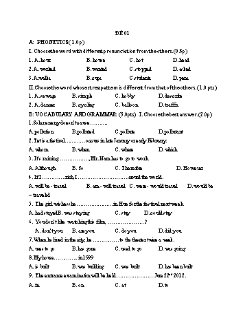 Đề thi vào Lớp 10 THPT môn Tiếng Anh - Đề 01 (Có đáp án)