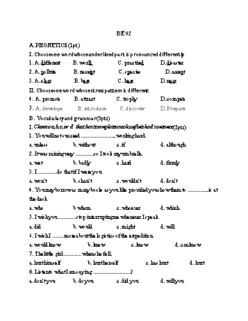 Đề thi vào Lớp 10 THPT môn Tiếng Anh - Đề 02 (Có đáp án)