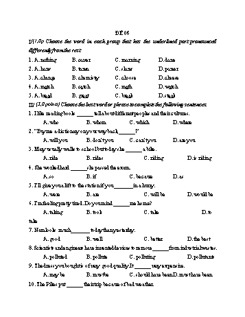 Đề thi vào Lớp 10 THPT môn Tiếng Anh - Đề 06 (Có đáp án)