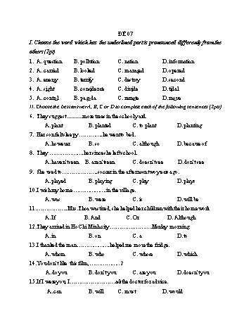 Đề thi vào Lớp 10 THPT môn Tiếng Anh - Đề 07
