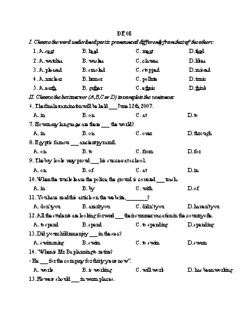 Đề thi vào Lớp 10 THPT môn Tiếng Anh - Đề 08