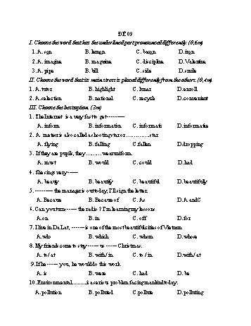 Đề thi vào Lớp 10 THPT môn Tiếng Anh - Đề 09