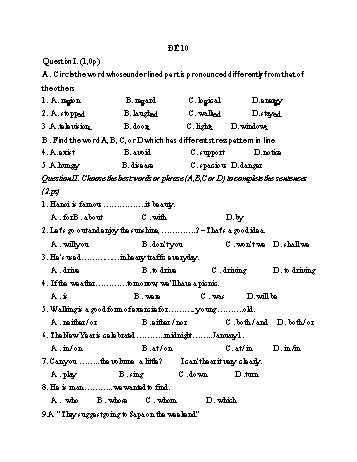 Đề thi vào Lớp 10 THPT môn Tiếng Anh - Đề 10 (Có đáp án)