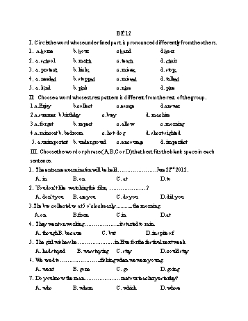 Đề thi vào Lớp 10 THPT môn Tiếng Anh - Đề 12 (Có đáp án)