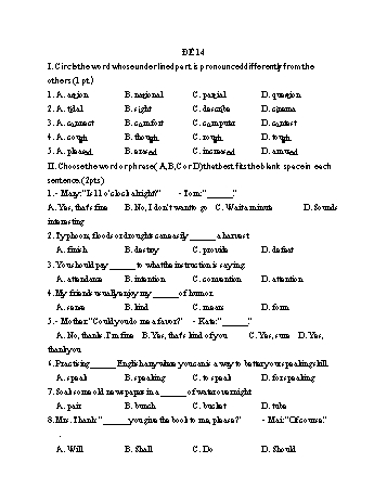 Đề thi vào Lớp 10 THPT môn Tiếng Anh - Đề 14 (Có đáp án)