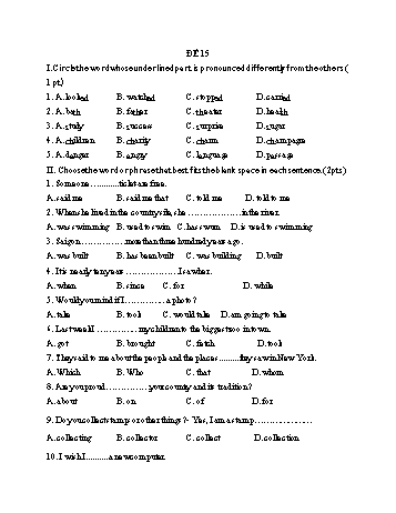 Đề thi vào Lớp 10 THPT môn Tiếng Anh - Đề 15 (Có đáp án)