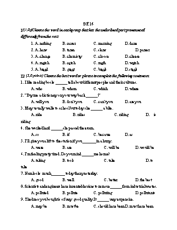 Đề thi vào Lớp 10 THPT môn Tiếng Anh - Đề 16 (Có đáp án)