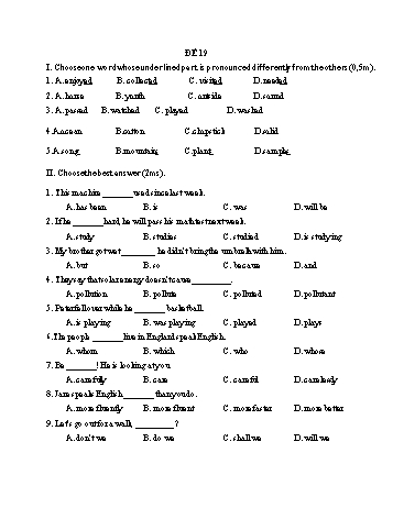 Đề thi vào Lớp 10 THPT môn Tiếng Anh - Đề 19 (Có đáp án)