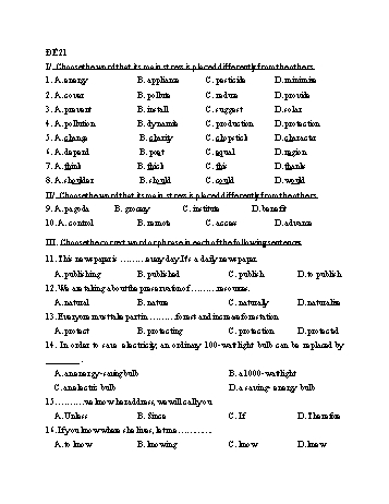 Đề thi vào Lớp 10 THPT môn Tiếng Anh - Đề 21