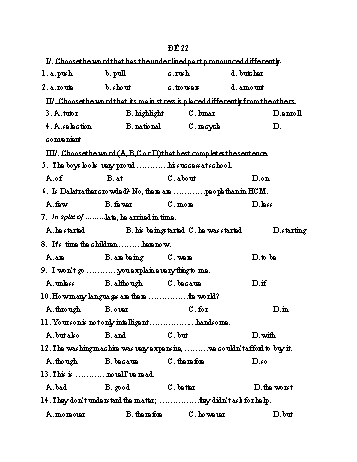 Đề thi vào Lớp 10 THPT môn Tiếng Anh - Đề 22