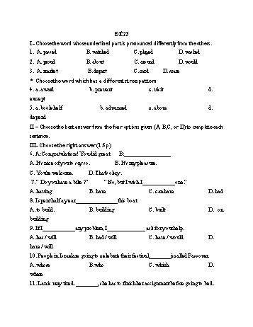 Đề thi vào Lớp 10 THPT môn Tiếng Anh - Đề 23 (Có đáp án)