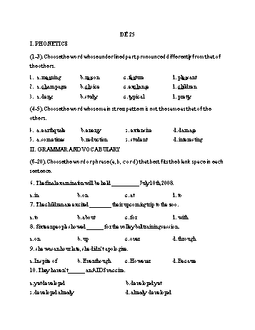 Đề thi vào Lớp 10 THPT môn Tiếng Anh - Đề 25 (Có đáp án)