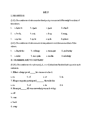 Đề thi vào Lớp 10 THPT môn Tiếng Anh - Đề 27 (Có đáp án)