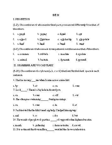 Đề thi vào Lớp 10 THPT môn Tiếng Anh - Đề 29 (Có đáp án)