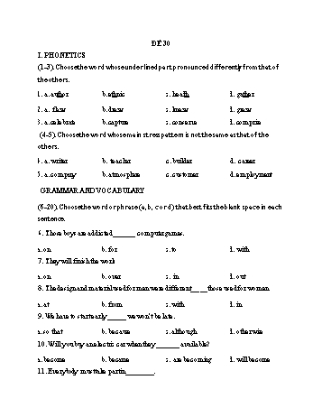 Đề thi vào Lớp 10 THPT môn Tiếng Anh - Đề 30 (Có đáp án)