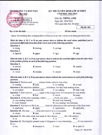 Kỳ thi tuyển sinh Lớp 10 THPT môn Tiếng Anh - Mã đề 001 - Năm học 2022-2023 - Sở GD&ĐT Hà Nội (Có đáp án)