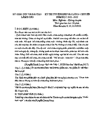 Kỳ thi tuyển sinh vào Lớp 10 môn Ngữ văn (Chuyên) - Năm học 2021-2022 - Sở GD&ĐT Lâm Đồng (Có đáp án)