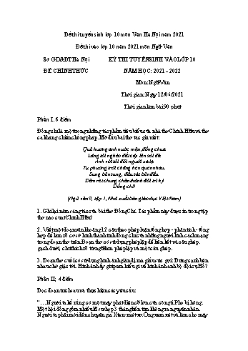 Kỳ thi tuyển sinh vào Lớp 10 môn Ngữ văn - Năm học 2021-2022 - Sở GD&ĐT Hà Nội (Có đáp án)