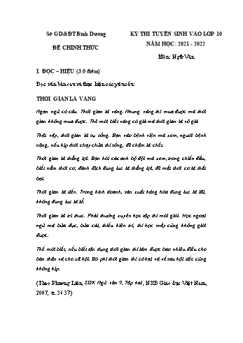 Kỳ thi tuyển sinh vào Lớp 10 môn Ngữ văn - Năm học 2021-2022 - Sở GD&ĐT Bình Dương (Có đáp án)