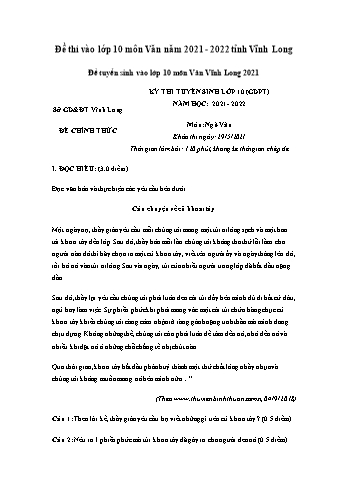 Kỳ thi tuyển sinh vào Lớp 10 môn Ngữ văn - Năm học 2021-2022 - Sở GD&ĐT Vĩnh Long (Có đáp án)