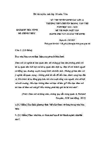 Kỳ thi tuyển sinh vào Lớp 10 THPT chuyên Hoàng Văn Thụ môn Ngữ văn - Năm học 2021-2022 - Trường THPT chuyên Hoàng Văn Thụ (Có đáp án)
