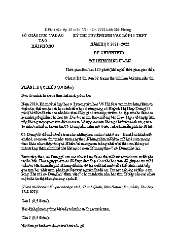 Kỳ thi tuyển sinh vào Lớp 10 THPT môn Ngữ văn - Năm học 2021-2022 - Sở GD&ĐT Hải Phòng (Có đáp án)