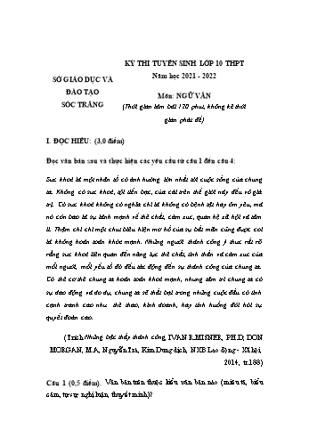 Kỳ thi tuyển sinh vào Lớp 10 THPT môn Ngữ văn - Năm học 2021-2022 - Sở GD&ĐT Sóc Trăng (Có đáp án)