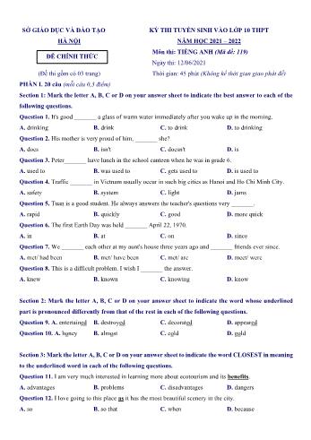 Kỳ thi tuyển sinh vào Lớp 10 THPT môn Tiếng Anh - Mã đề 119 - Năm học 2021-2022 - Sở GD&ĐT Hà Nội (Có đáp án chi tiết)