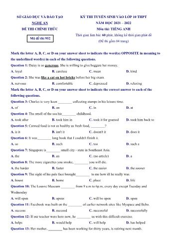 Kỳ thi tuyển sinh vào Lớp 10 THPT môn Tiếng Anh - Mã đề 952 - Năm học 2021-2022 - Sở GD&ĐT Nghệ An (Có đáp án chi tiết)