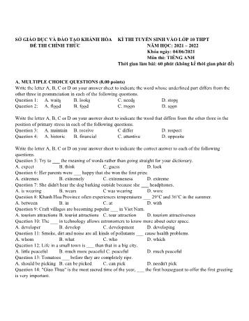 Kỳ thi tuyển sinh vào Lớp 10 THPT môn Tiếng Anh - Năm học 2021-2022 - Sở GD&ĐT Khánh Hòa (Có đáp án)