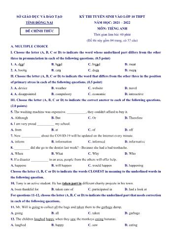 Kỳ thi tuyển sinh vào Lớp 10 THPT môn Tiếng Anh - Năm học 2021-2022 - Sở GD&ĐT Đồng Nai (Có đáp án chi tiết)