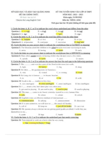 Kỳ thi tuyển sinh vào Lớp 10 THPT môn Tiếng Anh - Năm học 2022-2023 - Sở GD&ĐT Quảng Ninh (Có đáp án)