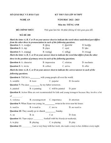 Kỳ thi vào Lớp 10 THPT môn Tiếng Anh - Mã đề 208 - Năm học 2022-2023 - Sở GD&ĐT Nghệ An