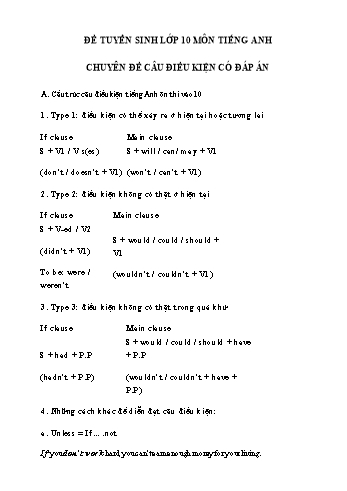 Ôn thi vào Lớp 10 môn Tiếng Anh - Chuyên đề: Câu điều kiện (Có đáp án)