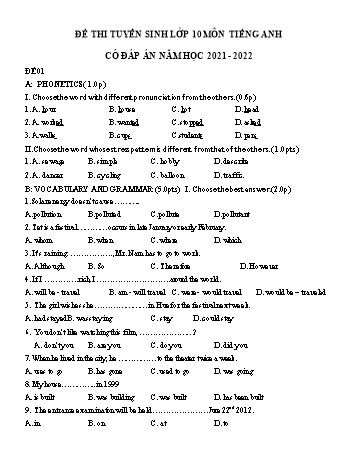 30 Đề thi tuyển sinh Lớp 10 môn Tiếng Anh - Năm học 2021-2022 (Có đáp án)