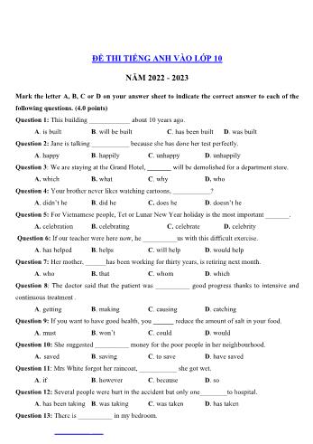 Đề thi Tiếng Anh vào Lớp 10 - Đề số 1 - Năm học 2022-2023 - Sở GD&ĐT Hà Nội