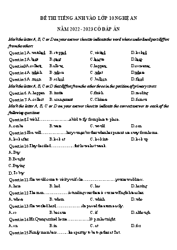 Đề thi Tiếng Anh vào Lớp 10 - Đề số 2 - Năm học 2022-2023 - Sở GD&ĐT Nghệ An (Có đáp án)
