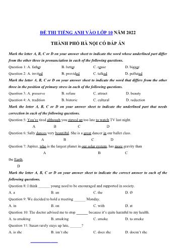 Đề thi Tiếng Anh vào Lớp 10 - Đề số 3 - Năm học 2022-2023 - Sở GD&ĐT Hà Nội (Có đáp án)