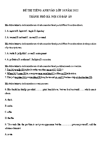 Đề thi Tiếng Anh vào Lớp 10 - Đề số 4 - Năm học 2022-2023 - Sở GD&ĐT Hà Nội (Có đáp án)
