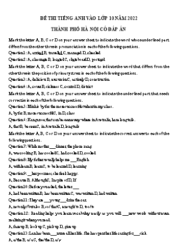 Đề thi Tiếng Anh vào Lớp 10 - Đề số 5 - Năm học 2022-2023 - Sở GD&ĐT Hà Nội (Có đáp án)