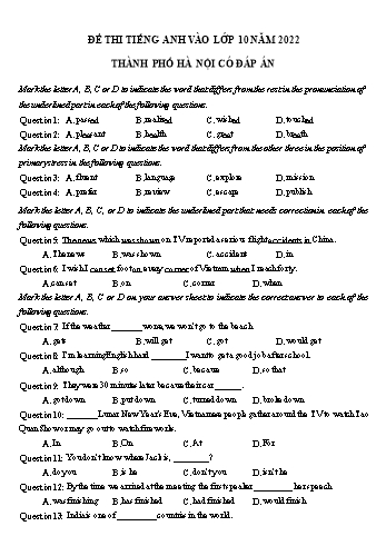 Đề thi Tiếng Anh vào Lớp 10 - Đề số 6 - Năm học 2022-2023 - Sở GD&ĐT Hà Nội
