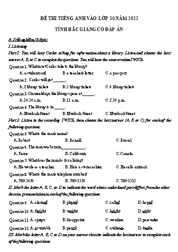 Đề thi Tiếng Anh vào Lớp 10 - Năm học 2022-2023 - Sở GD&ĐT Bắc Giang (Có đáp án)