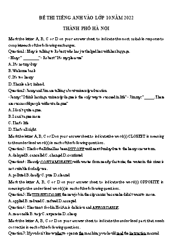 Đề thi Tiếng Anh vào Lớp 10 - Năm học 2022-2023 - Sở GD&ĐT Hà Nội
