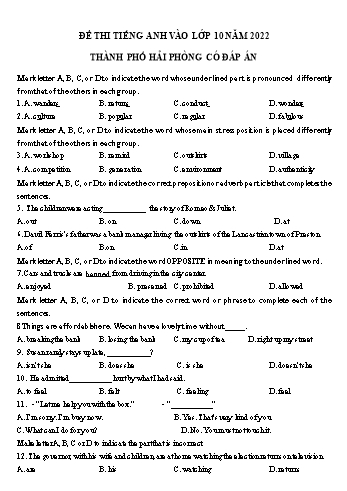 Đề thi Tiếng Anh vào Lớp 10 - Năm học 2022-2023 - Sở GD&ĐT Hải Phòng (Có đáp án)
