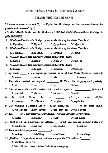 Đề thi Tiếng Anh vào Lớp 10 - Năm học 2022-2023 - Sở GD&ĐT Hồ Chí Minh