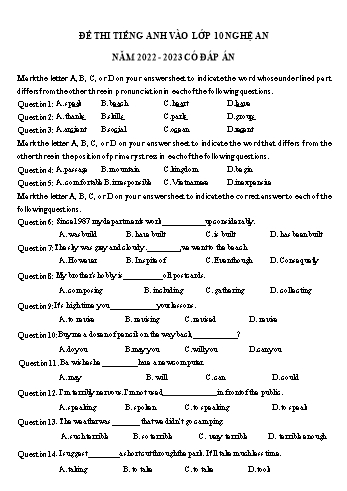 Đề thi Tiếng Anh vào Lớp 10 - Năm học 2022-2023 - Sở GD&ĐT Nghệ An (Có đáp án)